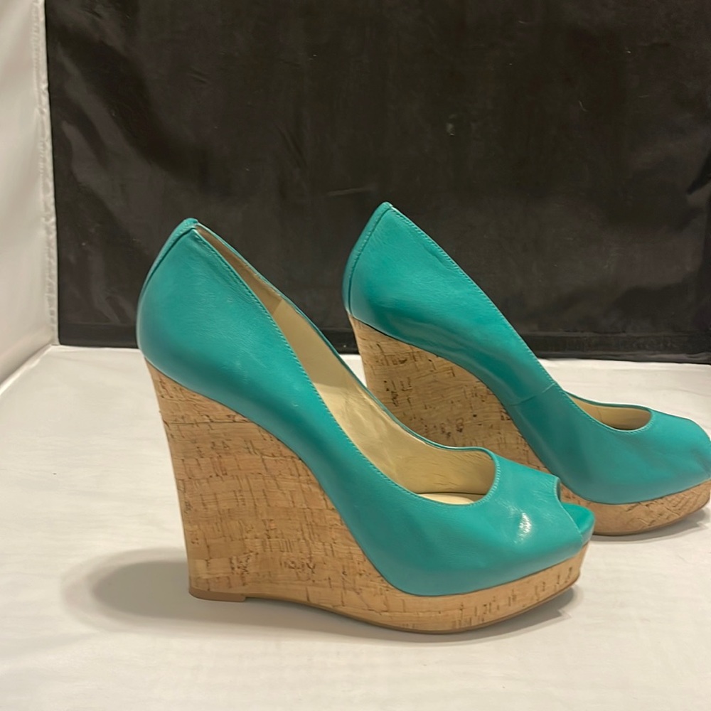 Nine West Cork Wedges Turquoise Blue Leather Cork Wedge w/ Peep Toe Shoe Sz 9.5M